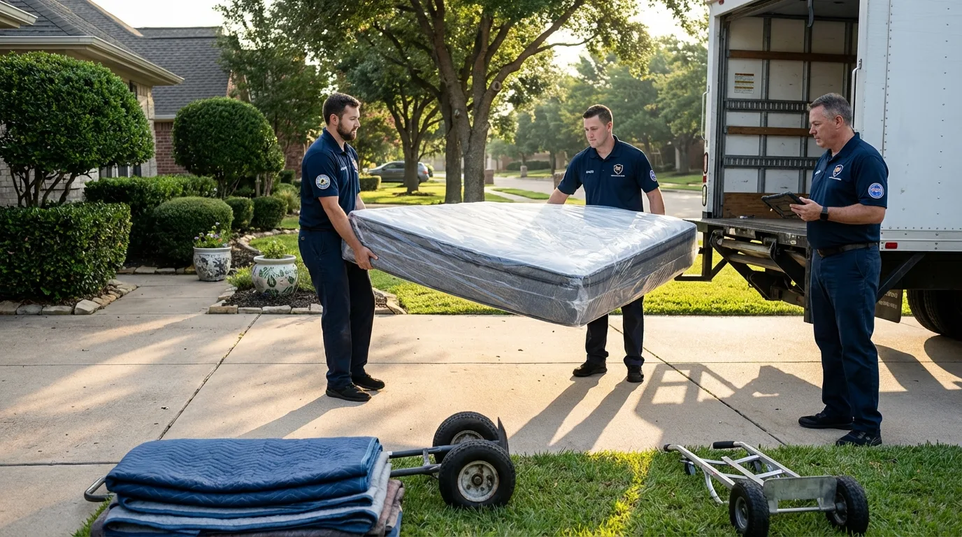 CamelBack crew loading padded residential furniture into moving truck on suburban driveway in New York
